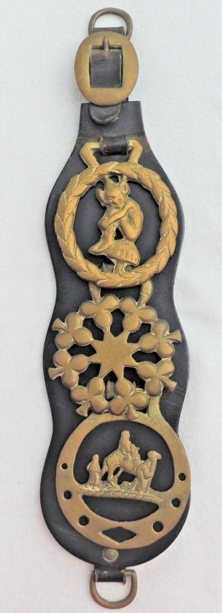 Vintage Brass Ornament Pixie Clover Camel Horse Harness Medallion Leather Strap