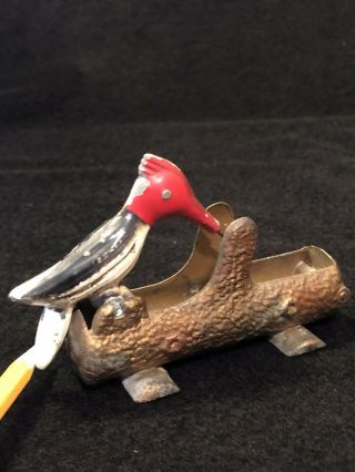 Vintage Painted Metal Red Headed Woodpecker Mechanical Toothpick Holder