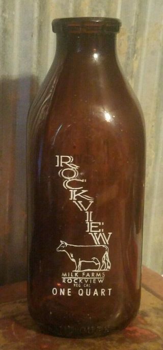 Vintage Rockview Milk Farms Brown One Quart Glass Bottle Painted