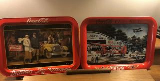Set Of 2 Coca - Cola Metal Trays 1998 Goes Along Tray & 1987 Touring Car Tray
