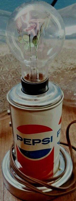 Vintage Pepsi Cola Can Light Lamp W/ Red Pink Flower In Bulb 9 Inch