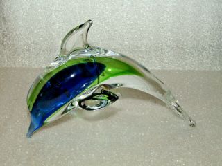 Murano Style Blue & Green Dolphin Art Glass Paperweight Figurine