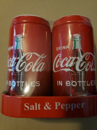Coca Cola Salt And Pepper Shakers With Caddy Tin Coke In Bottles Red