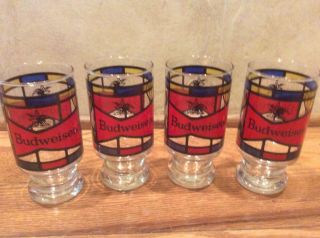Set Of 4 Vintage Budweiser Beer Glasses Stained Glass Eagle Footed 5 1/2 Inch