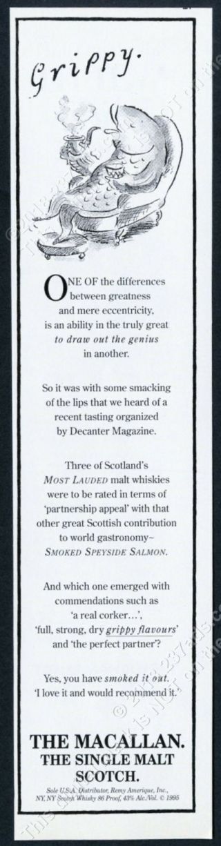 1995 The Macallan Scotch Whisky Smoking Fish Cartoon Vintage Print Ad