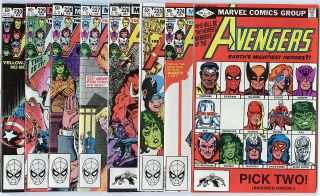 Avengers 221,  224 - 230 Avg.  Nm,  9.  6 White Pages Marvel 1982