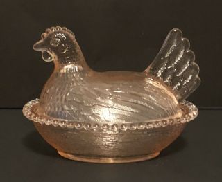Vintage Pink Glass Nesting Hen Candy Dish 7”