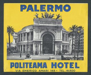 Hotel Politeama Palermo Italy - Vintage Luggage Label