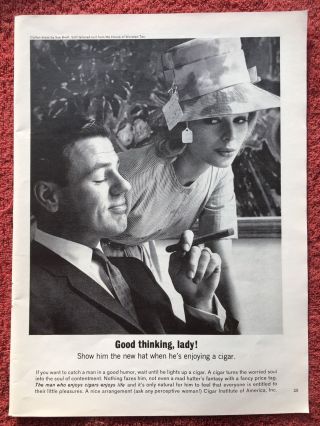 Vintage 1962 Print Ad Man Enjoing Cigar Good Thinking Lady Hat