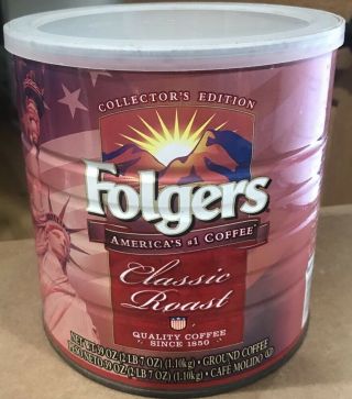 Vintage Folgers Coffee Tin Can Classic Roast Celebrate America 39oz W Lid