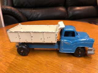 Old Vintage Metal Blue Dump Truck With White Bed And Lever Metal Toy