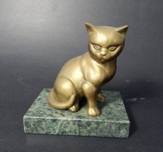 Vintage Brass Cat Statue Sitting On Green Marble Stone Base