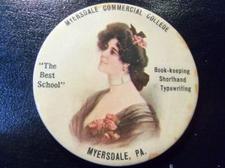 Vintage Celluloid Advertising Pocket Mirror Myersdale College Myersdale,  Pa.
