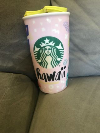 2016 Starbucks Hawaii Pink Ceramic Travel Tumbler Mug Island Icons 12 Oz