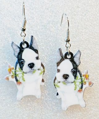 Boston Terrier Dog With Flower Double - Sided Hook Dangle Earrings Acrylic Jewelry