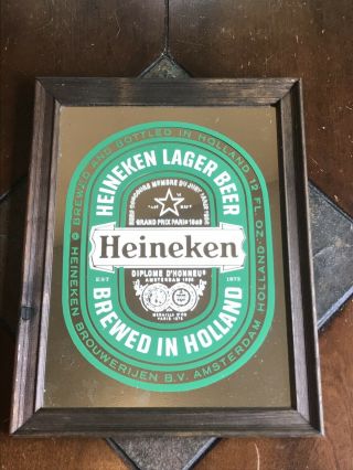 Vintage 1970s Heineken Beer Mirror Bar Display Framed Mirror 10 X 13