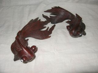 Pr.  Asian Oriental Wooden Koi Fantail Fish Figurines Hand Carved Sculpture