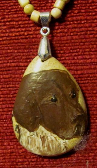 German Shorthaired Pointer Hand - Painted On Small,  Tan Agate Pendant/bead/necklac