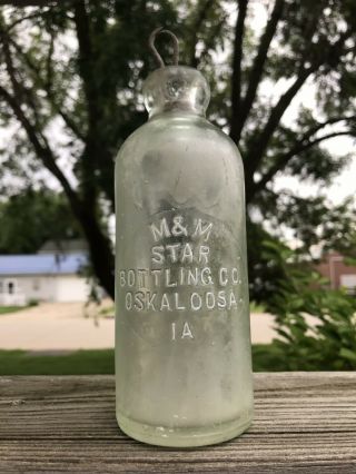 Oskaloosa,  Iowa 1890’s M & M Star Bottling Co.  Hutchinson Blob Top Soda Bottle