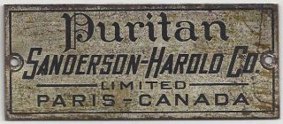 Puritan Sanderson - Harold Co.  Limited,  Paris - Canada,  Antique Ice Box Mfg.  Name Tag