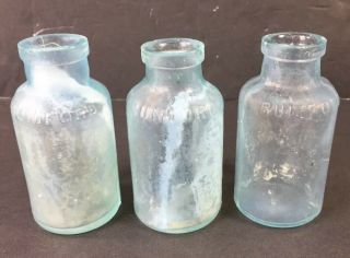 3 Sea Glass Vintage Clear Blue Rumford Chemical Medicine Baking Powder Bottles