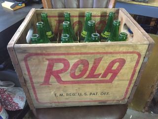 Rare Vintage Rola Cola Grapefruit Ginger Ale Glass Quart Bottle 1945 Wood Crate