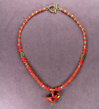 Red Cardinal Totem Necklace Attraction Bird Symbol Hearts Passion Gold Crystals