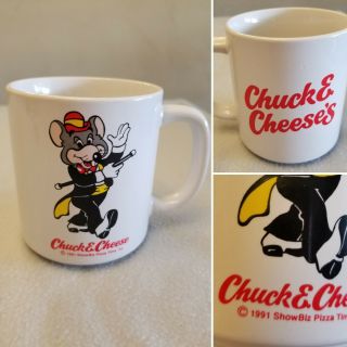 Vintage 1991 Showbiz Pizza Chuck E Cheese’s Coffee Mug White Tuxedo Mouse