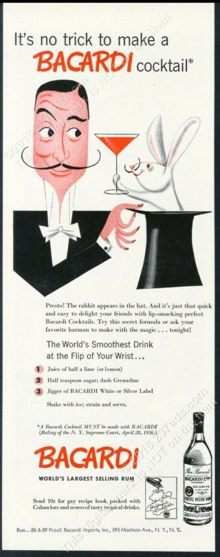 1952 Magician Magic Hat Rabbit With Cocktail Art Bacardi Rum Vintage Print Ad