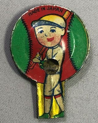 1930s Cracker Jack Tin Litho Baseball Player Whistle Toy Advertising Japan