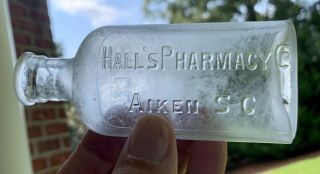 Small Town Hall’s Pharmacy Co.  Antique Embossed Bottle,  Aiken,  South Carolina