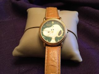 Vintage Armitron Green Face Snoopy Bust Wrist Watch Leather Band