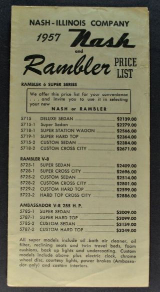 1957 Nash Price List Brochure Folder Ambassador Rambler Wagon Amc 57