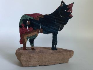 Midwest Western Folk Art Metal Wolf On Rock Statue Cabin Usa Native American