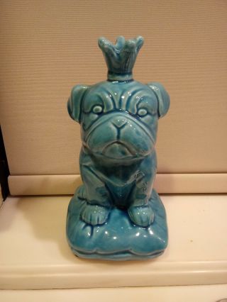 9 " Turquoise Ceramic Pug Dog Figurine W/crown On Pillow.  Detail