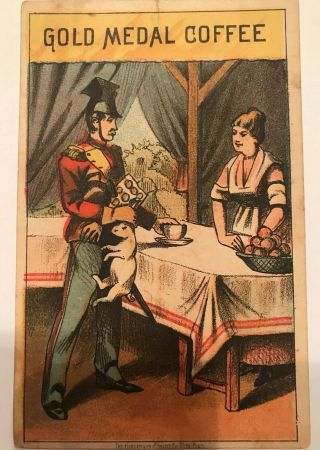 Victorian trade card Gold Medal Coffee Ohio State University 1885 Soldier Cat 2