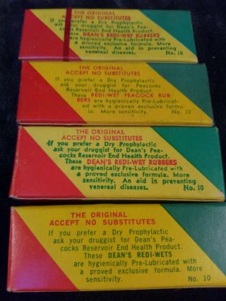 Vintage Condom Dean ' s Rubber Co Peacocks Condoms 1950s four packs of 3 2