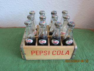 Vintage Case Of 12 Mini Pepsi Bottles In Wood Case