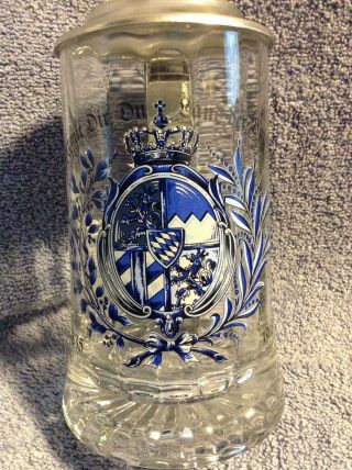 Vintage Domex Zinn Glass Lidded Beer Stein Blue Lion Coat Of Arms Shield Pewter