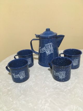 Jack Daniels Tennessee Mud Enamelware Blue Coffee Pot & 4 Mugs