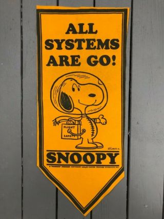 Vintage 1969 Peanuts - Snoopy Astronaut - All Systems Are Go Felt Pennant Yellow