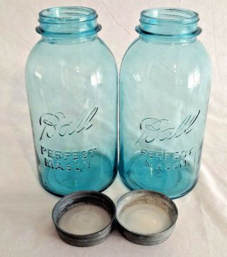 Vtg 1920s Blue Ball Perfect Mason 1/2 Gallon Jars Zinc Porcelain Lid