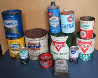 12 Vintage Oil Cans Conoco Texaco Derby Champlin Plus Others