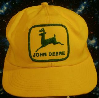 Vintage John Deere Patch Mesh Snapback Trucker Hat Cap K PRODUCTS Yellow USA 2