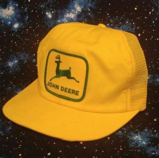 Vintage John Deere Patch Mesh Snapback Trucker Hat Cap K PRODUCTS Yellow USA 3