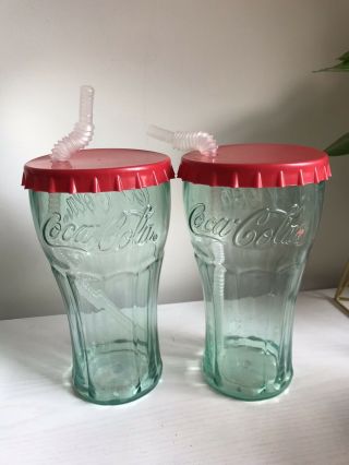 2 Coca Cola Tumblers Blue Plastic With Red Lid And Reusable Straws Cups