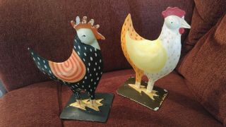Folk Art Metal Chickens Hand Painted