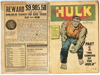 Hulk 1 G/VG 3.  0 off - white pages Origin & 1st app.  Marvel 1962 4