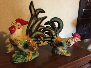 Two Vintage Ceramic Rooster Chicken Figurines Black Green Yellow Red