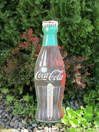 Vintage 1950’s Coca Cola Bottle Advertising Tin Wall Thermometer 29” Great